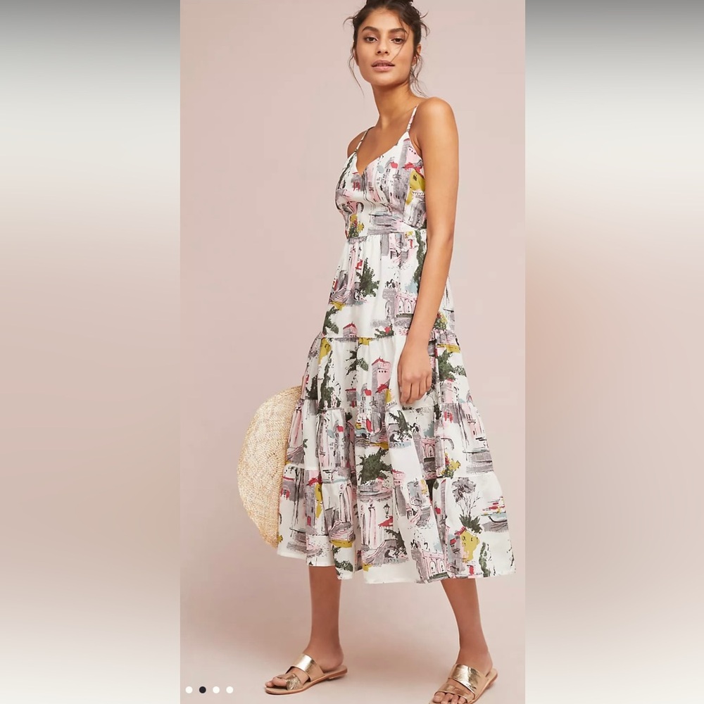 Anthropologie x Lazy Bones Cotton White Printed Spaghetti-Strap Midi Dress